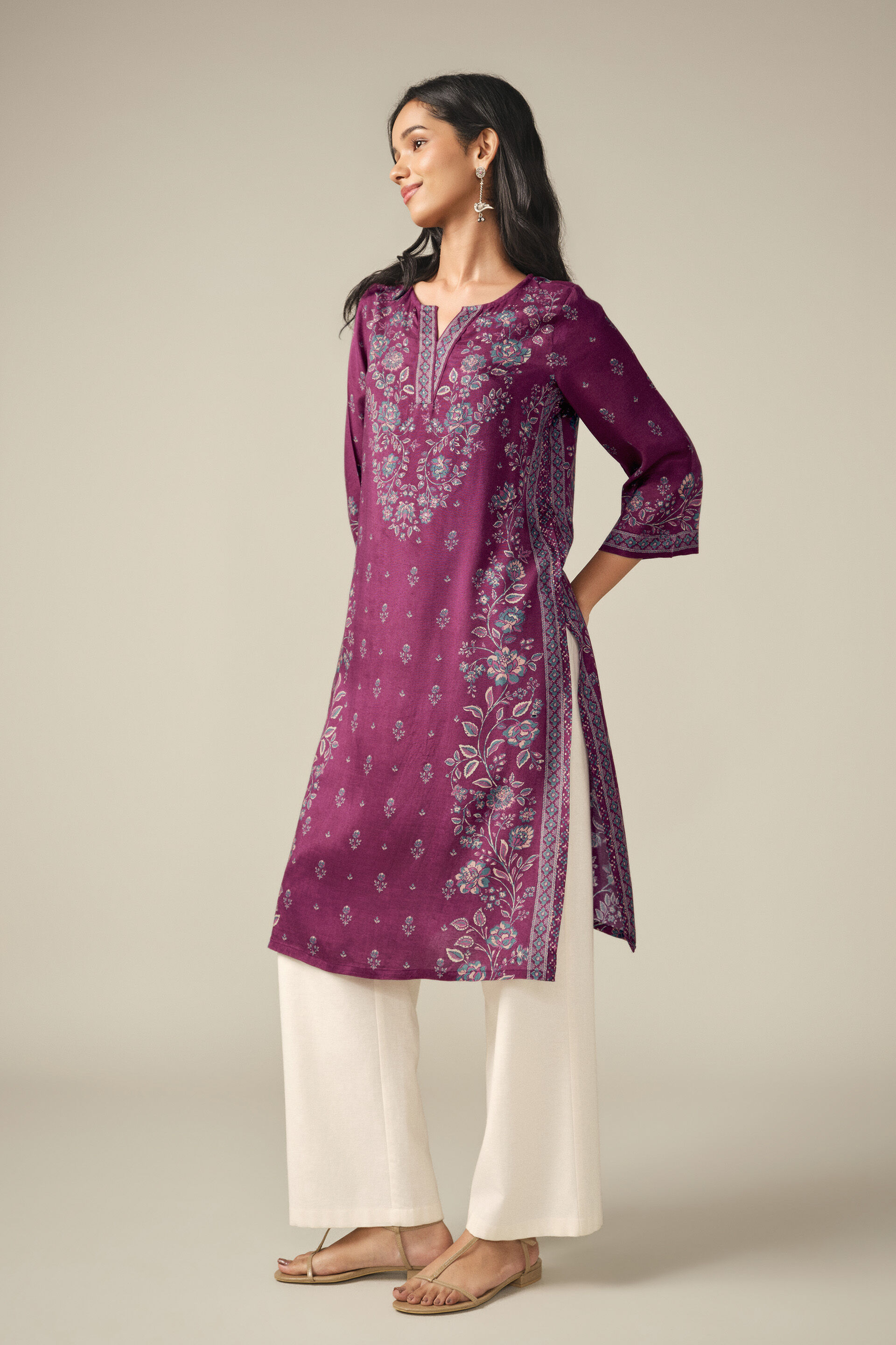 Floral Print Kurta in Wine, Wine, image 3